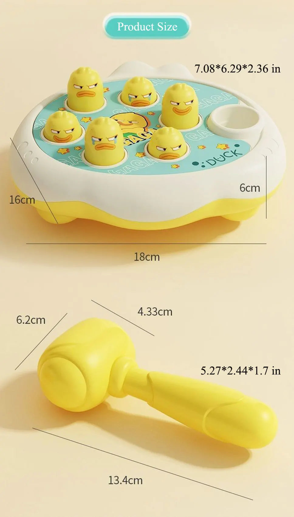 A yellow toddler hammer-pounding toy featuring duck, frog, or pig designs, shown with its dimensions.