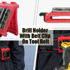 A red clip-on drill holder with a belt clip mounted on a tool belt, shown in various views.