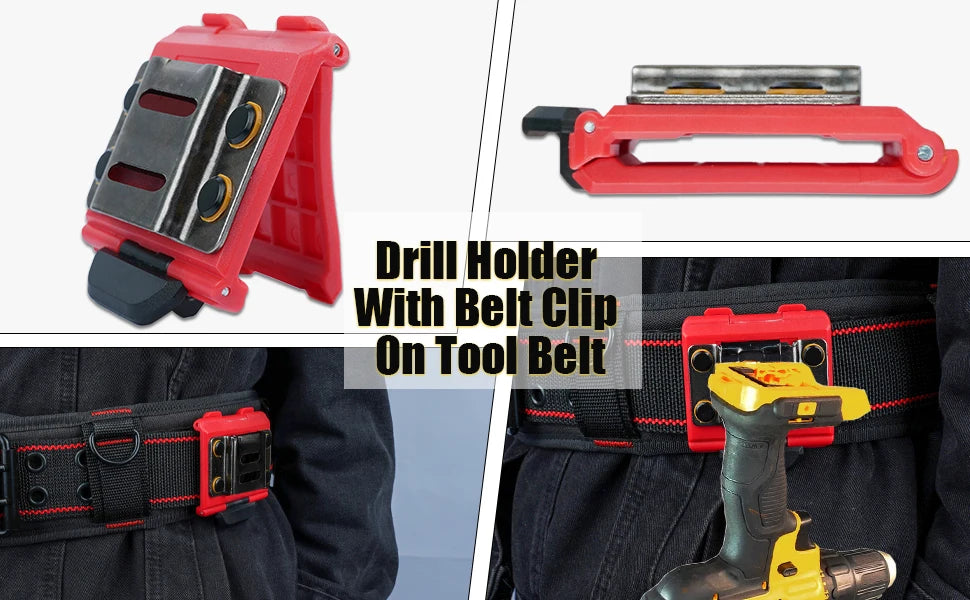 A red clip-on drill holder with a belt clip mounted on a tool belt, shown in various views.