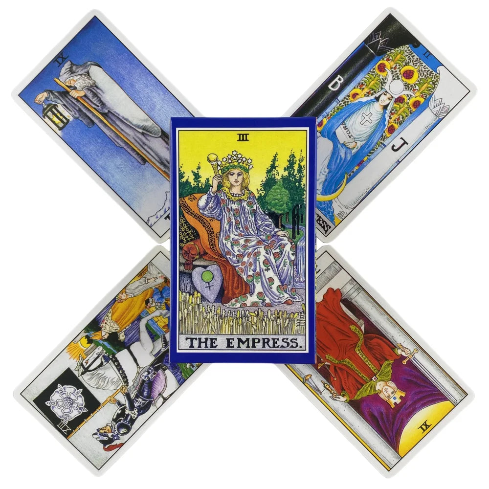 A spread of tarot cards featuring The Empress, with surrounding cards labeled I, II, III, and IV.