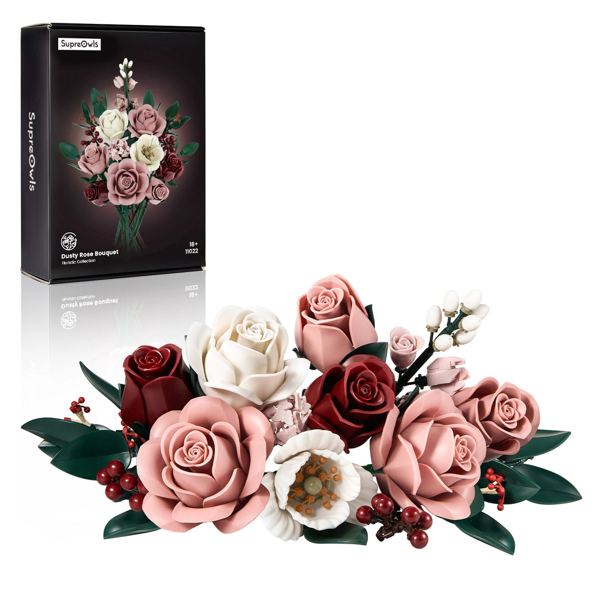 A collection of pink and cream rose building blocks arranged in a bouquet style.