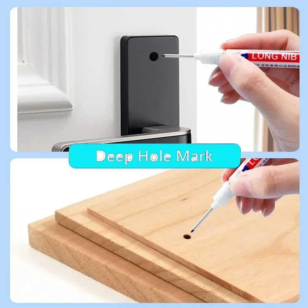 A hand uses a long needle to mark a deep hole on a piece of wood for woodworking or construction.