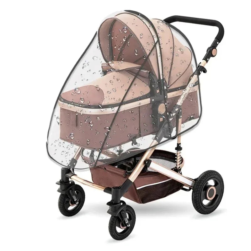A beige universal waterproof stroller rain cover with a transparent shield and black frame.
