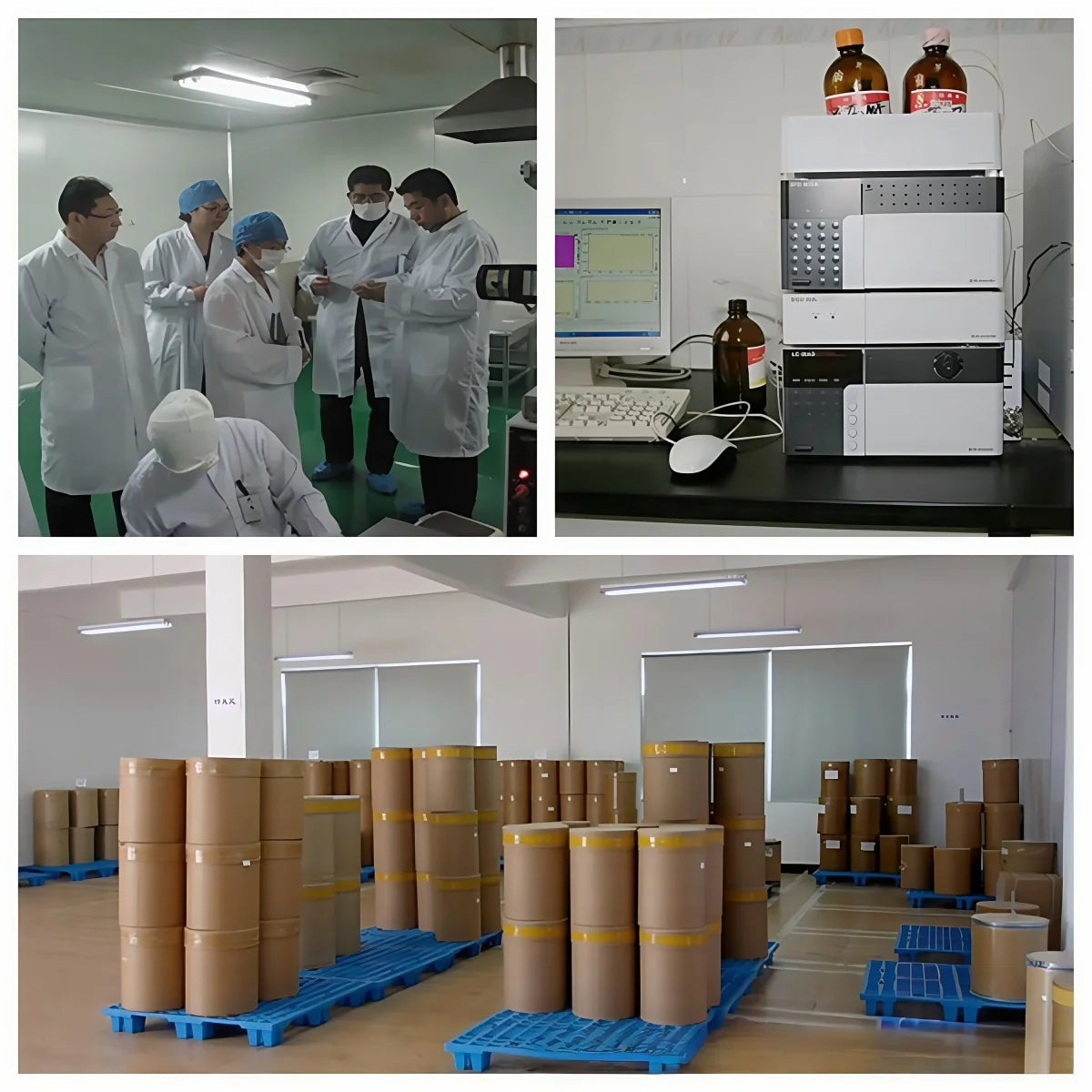 Laboratorio con contenedores y equipos relacionados con fertilizante orgánico humato soluble en agua de potasio.