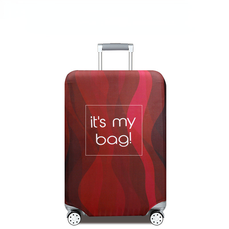 A red luggage bag with a gray handle and wheels, featuring a wavy pattern.