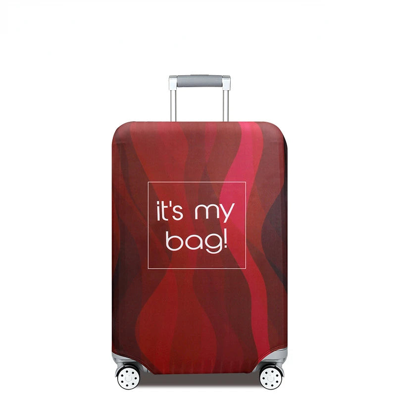A red luggage bag with a striped pattern and a silver handle on wheels.