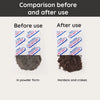 Comparison of food-grade oxygen absorbers before and after use, showing powder form versus hardened and cracked material.