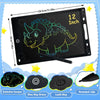 A black LCD writing tablet for kids showing various features like a colorful screen, one key erase, lock key, and rounded nib