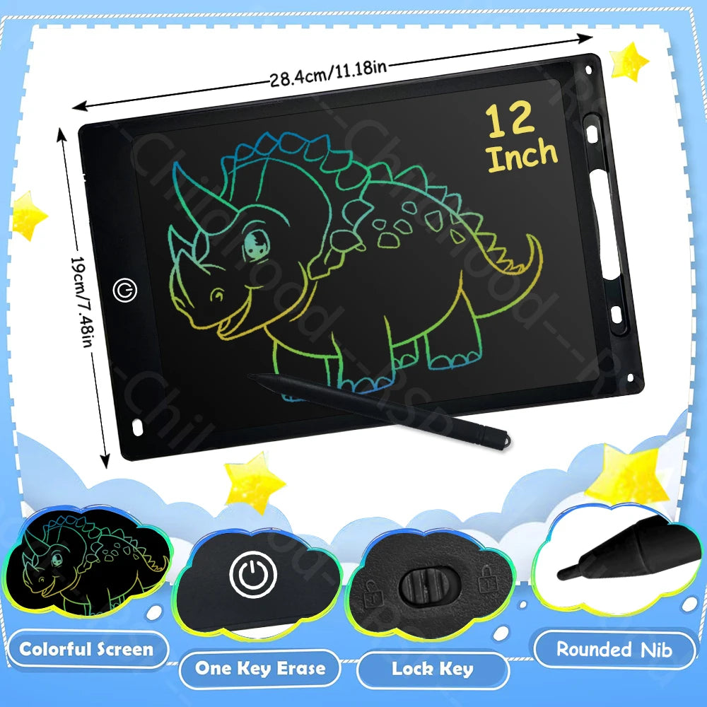 A black LCD writing tablet for kids showing various features like a colorful screen, one key erase, lock key, and rounded nib