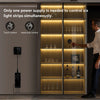 A cabinet with glass doors displays six light strips, controlled by touch or hand scan.