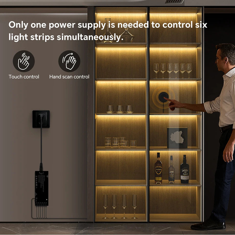 A cabinet with glass doors displays six light strips, controlled by touch or hand scan.