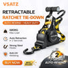 A black and yellow retractable ratchet tie-down strap with steel hooks used for heavy duty securing.
