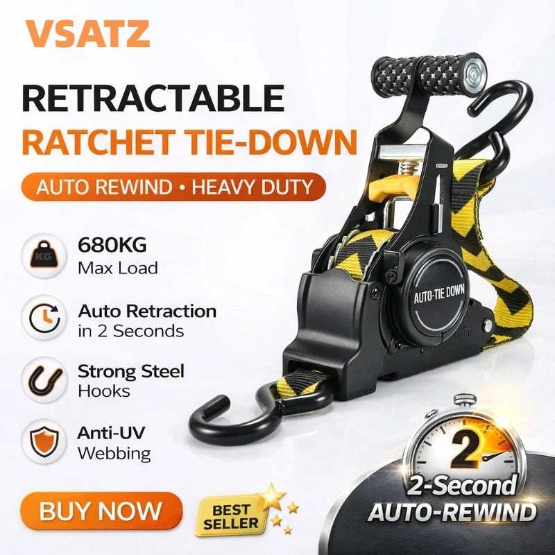 A black and yellow retractable ratchet tie-down strap with steel hooks used for heavy duty securing.