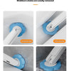 Wall-mounted disposable toilet brush set showing various angles of the brush and its replaceable heads for cleaning.