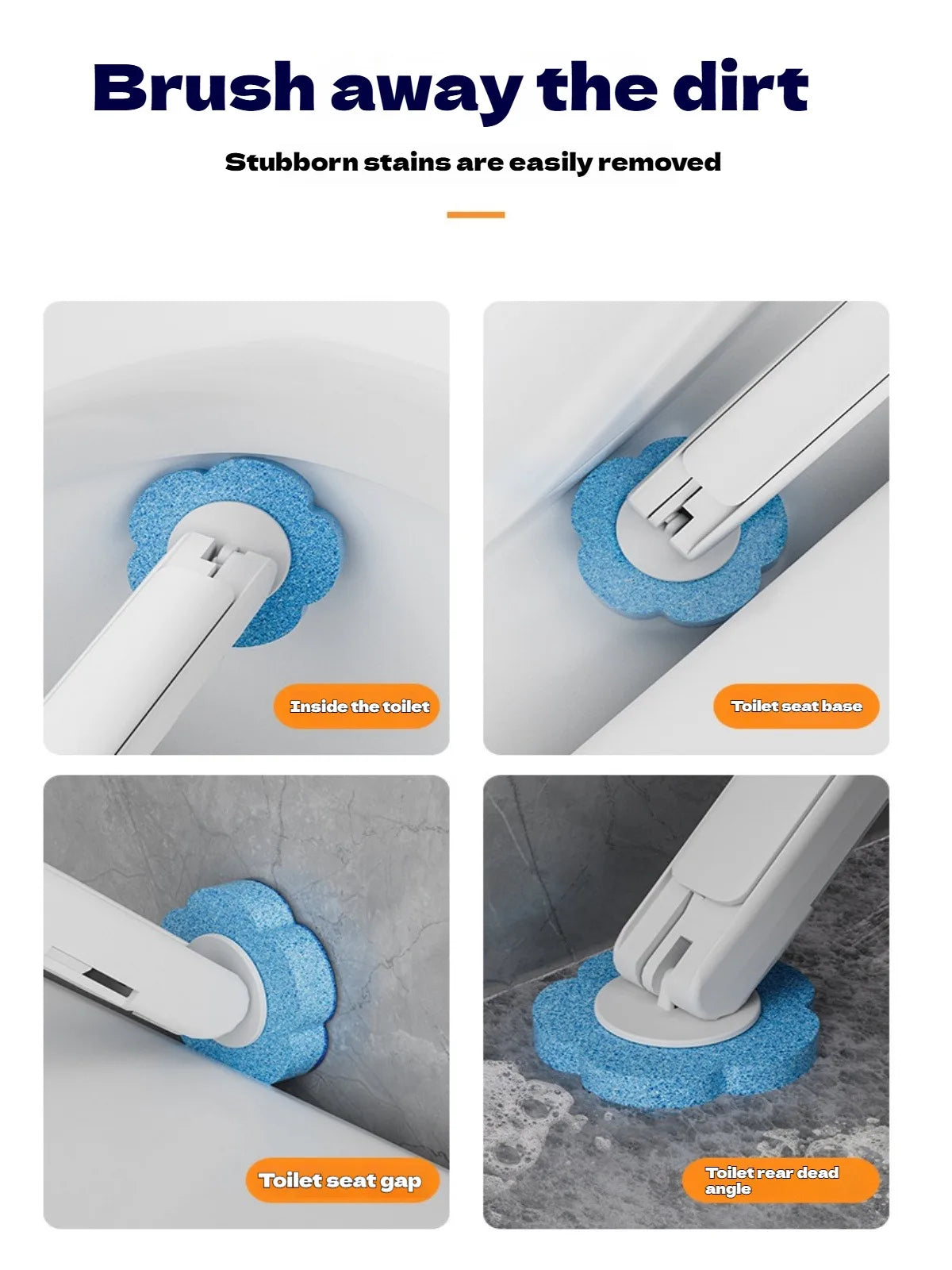 Wall-mounted disposable toilet brush set showing various angles of the brush and its replaceable heads for cleaning.