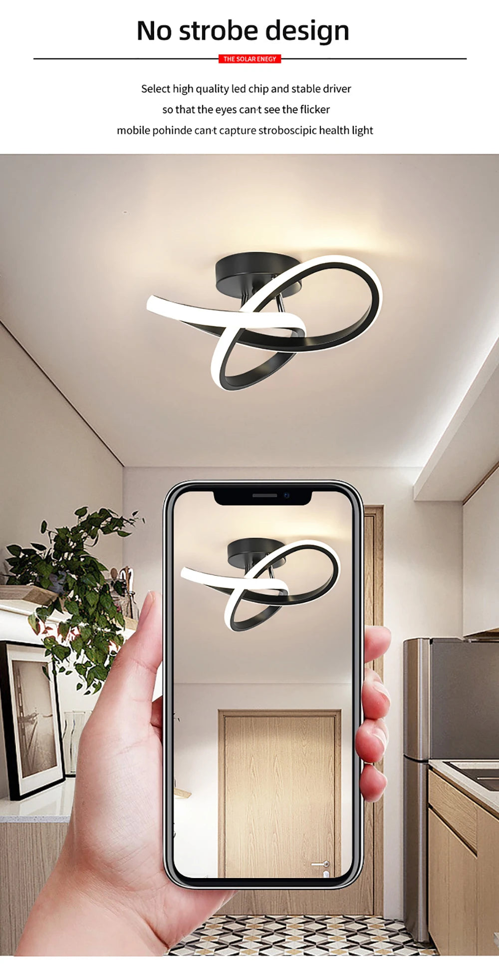 A hand holds a smartphone displaying a modern clover LED ceiling light fixture installed in a room.