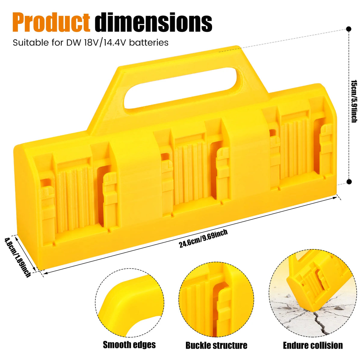 Yellow portable battery storage organizer designed to hold DW 18V/14.4V batteries with smooth edges and a buckle structure.