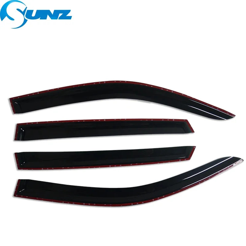 A set of four black side window deflectors for a Hyundai Tucson vehicle.