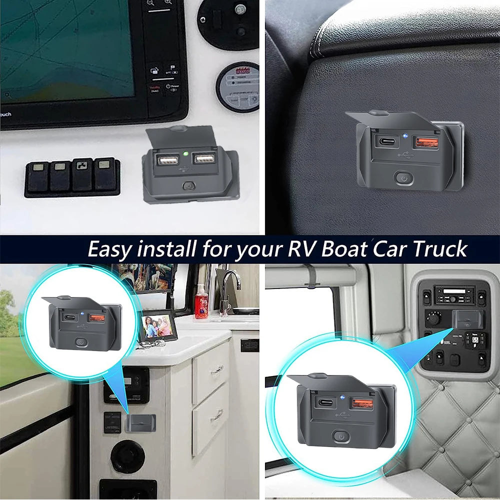 A dual USB car charger adapter is shown being installed in a vehicle, with close-ups of the product and its installation.