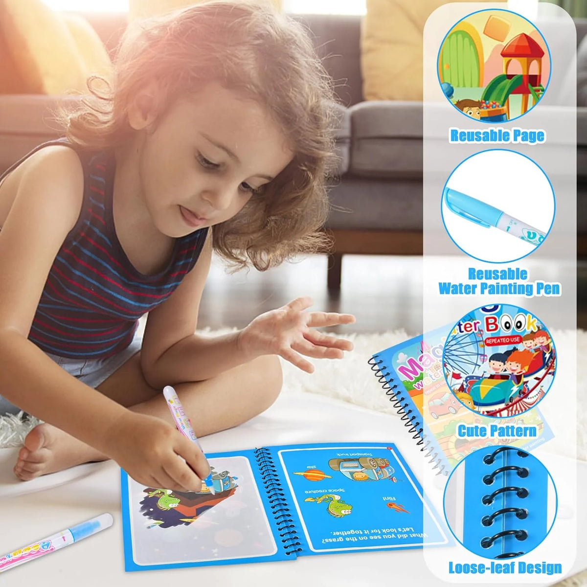 A child is drawing in a reusable water painting book with a refillable pen, showing a cute pattern and loose-leaf design.