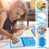 A child is drawing in a reusable water painting book with a refillable pen, showing a cute pattern and loose-leaf design.