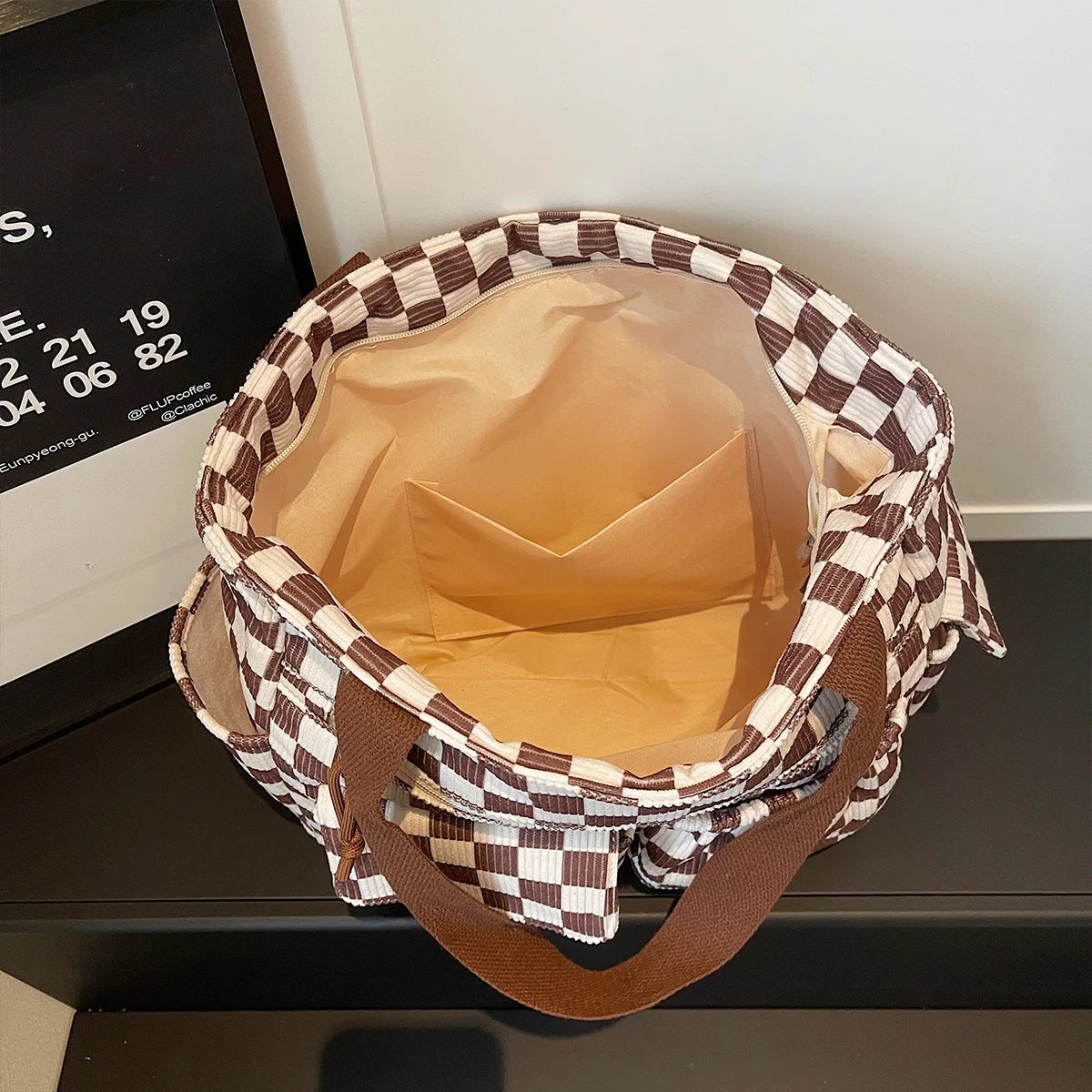 Corduroy Checkerboard Tote Bag with Multiple Pockets
