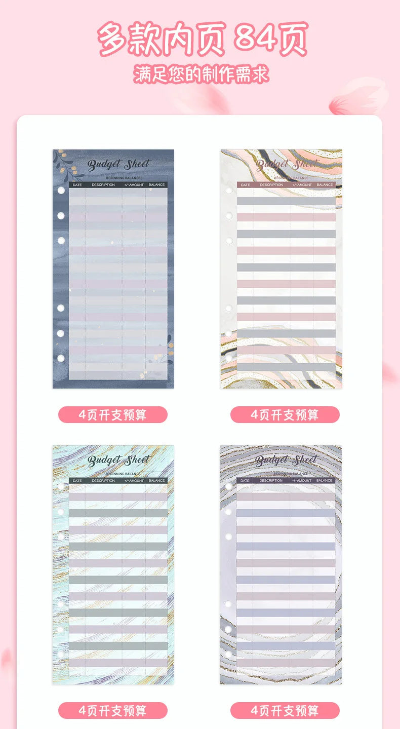 Eine Sammlung von vier Budgetsheets mit verschiedenen Designs wie Leopardenmuster und Streifen für die Planung.