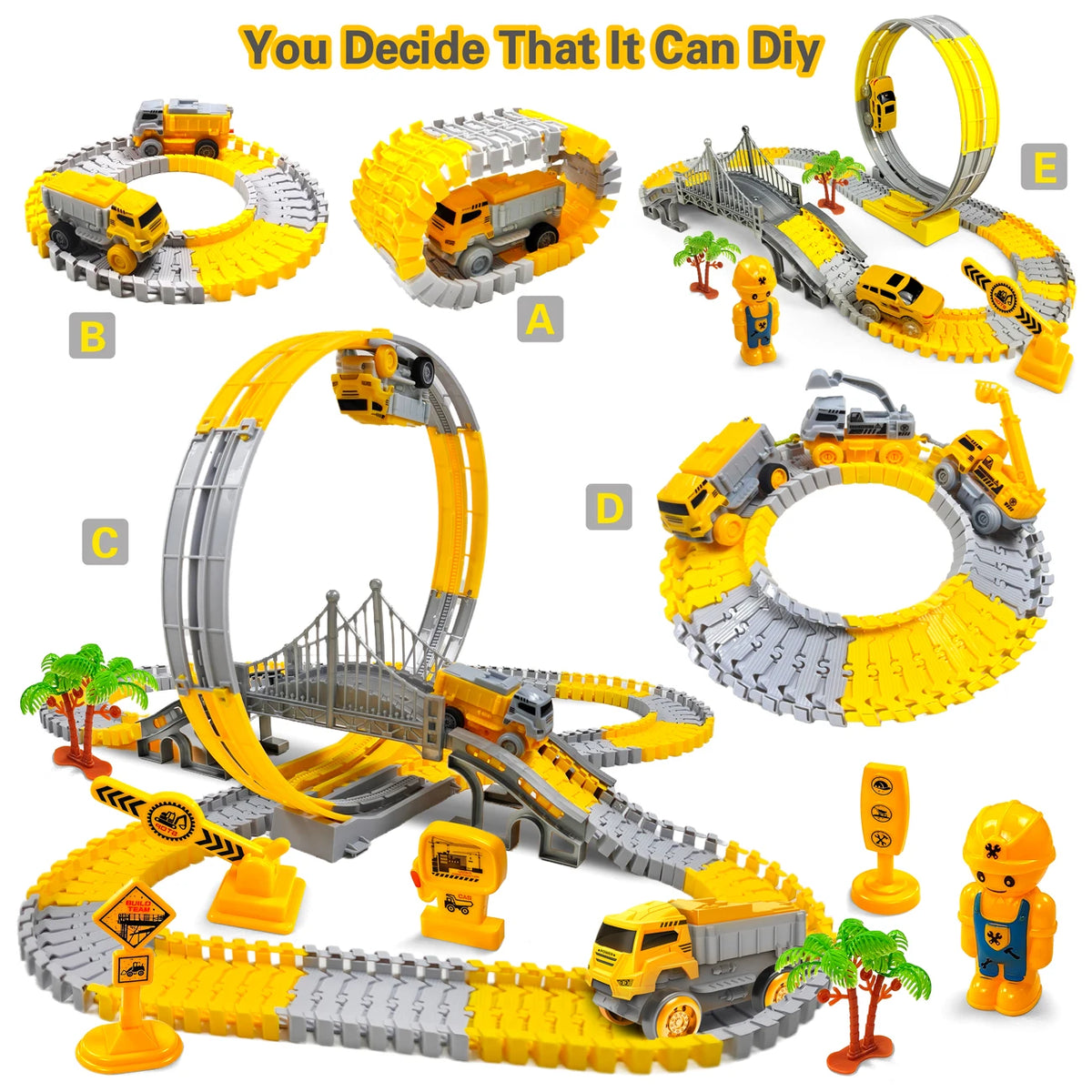 A set of yellow and gray interlocking track pieces for an interactive climbing toy car