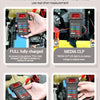 A 12V car battery tester shows tests for fully charged, low power, and empty batteries with LED displays.