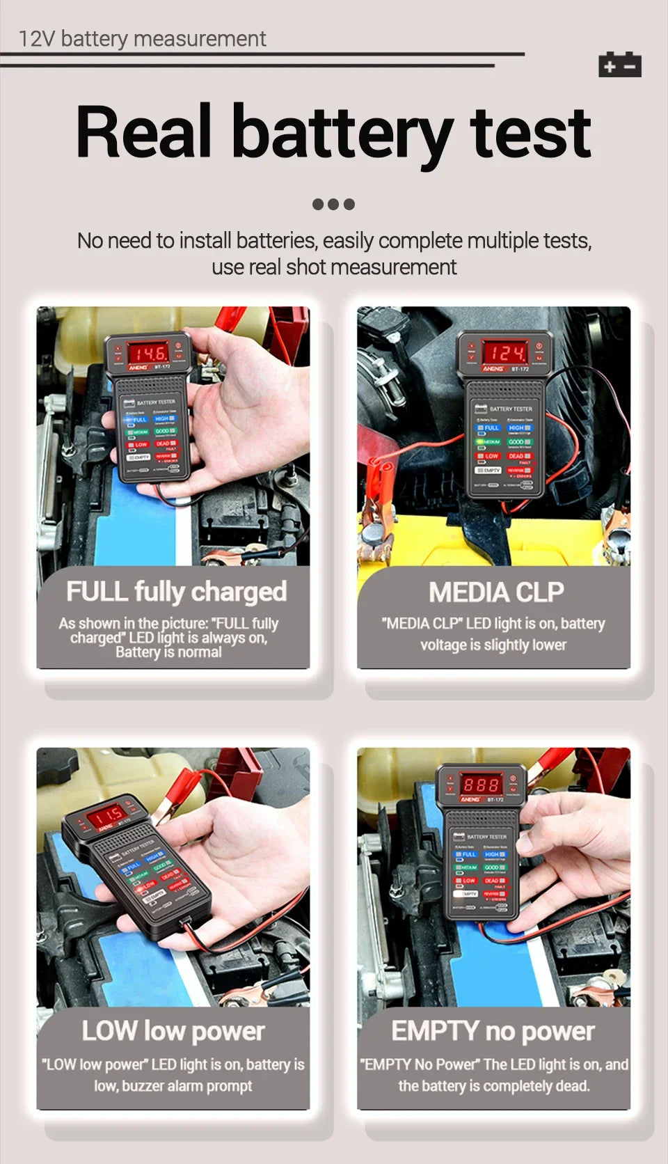 A 12V car battery tester shows tests for fully charged, low power, and empty batteries with LED displays.