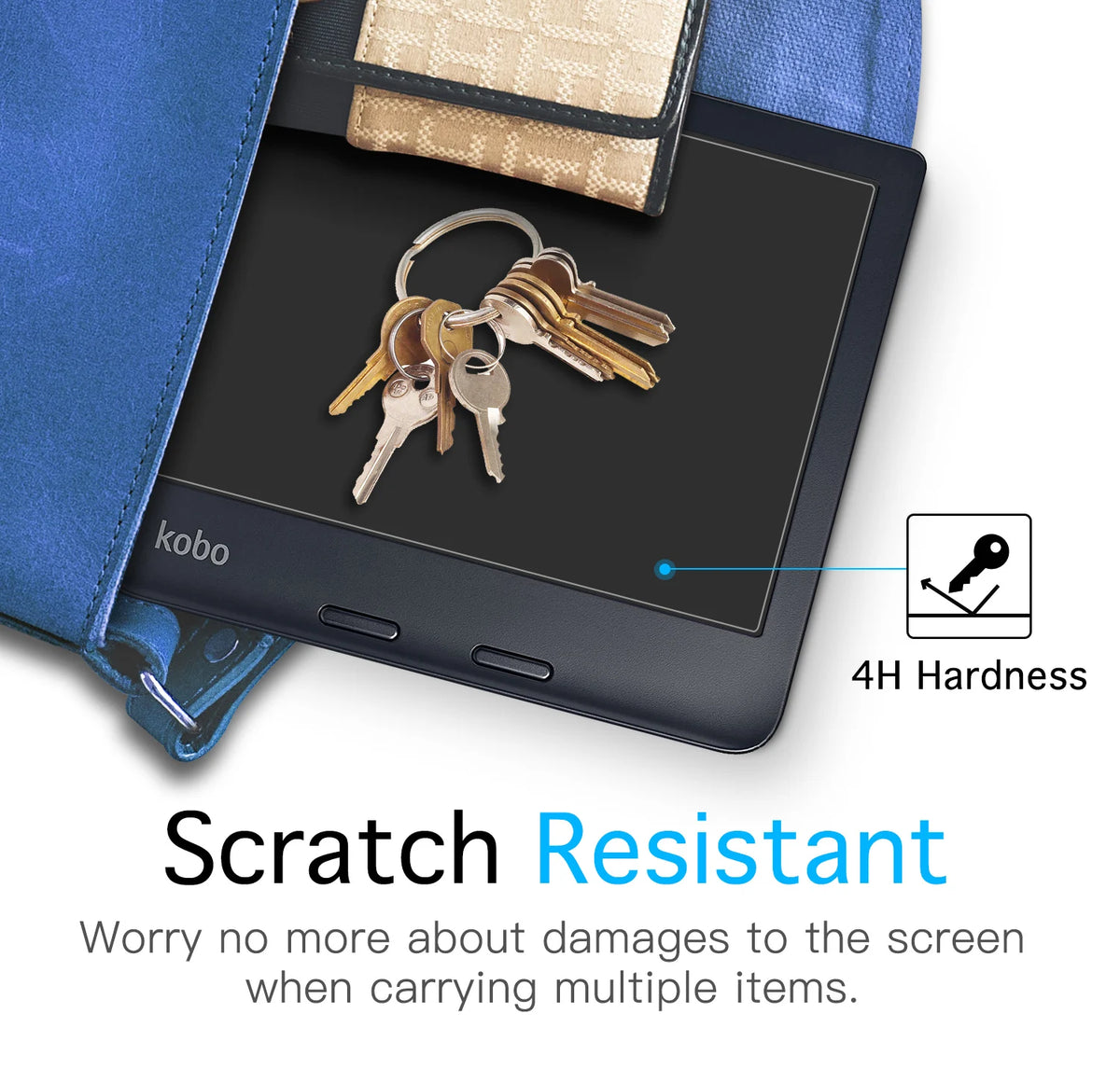 A close-up of a Kobo e-reader showing a scratch-resistant screen protector and 4H hardness rating.