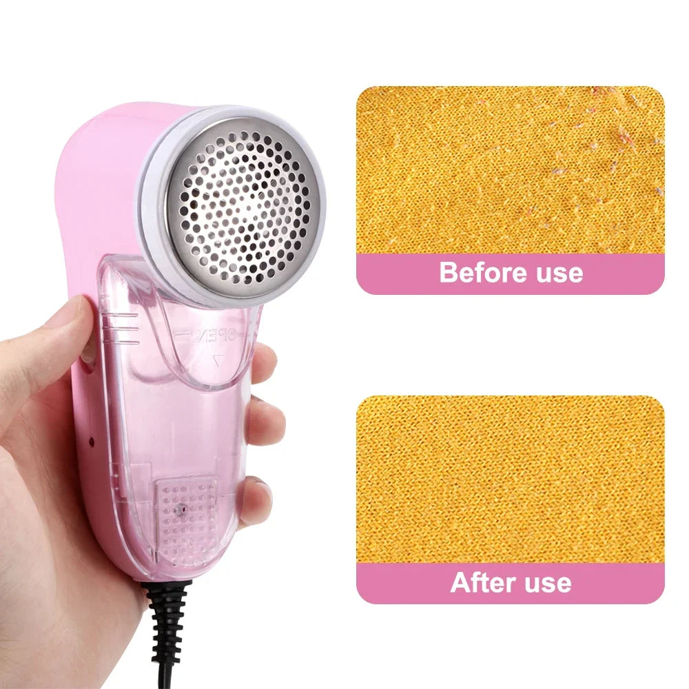 A pink portable electric fabric lint remover device shown with before and after images of fabric lint removal.