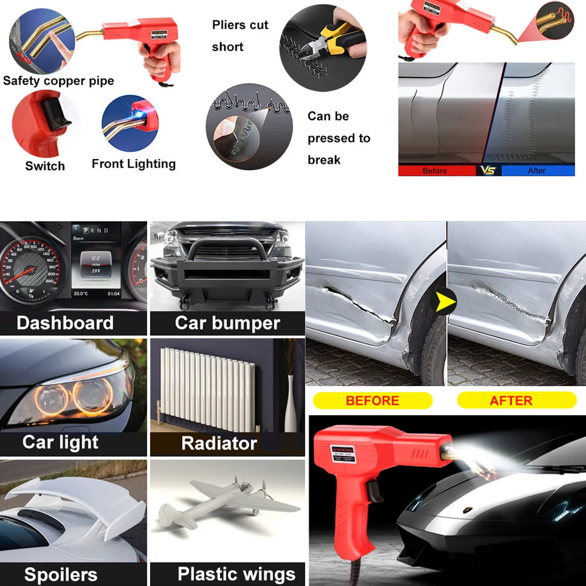 A professional 2-in-1 plastic welding kit with a hot stapler showing various applications like safety paper, switches, car bu