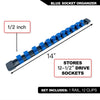 Blue socket organizer rail with 1/2 inch sockets and 12 clips for storing 12-1/2 inch drive sockets