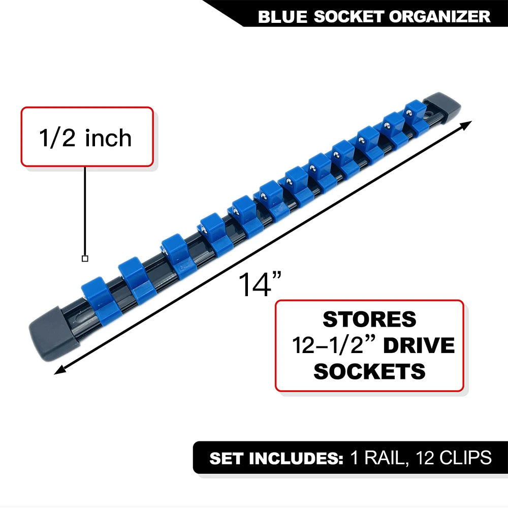 Blue socket organizer rail with 1/2 inch sockets and 12 clips for storing 12-1/2 inch drive sockets