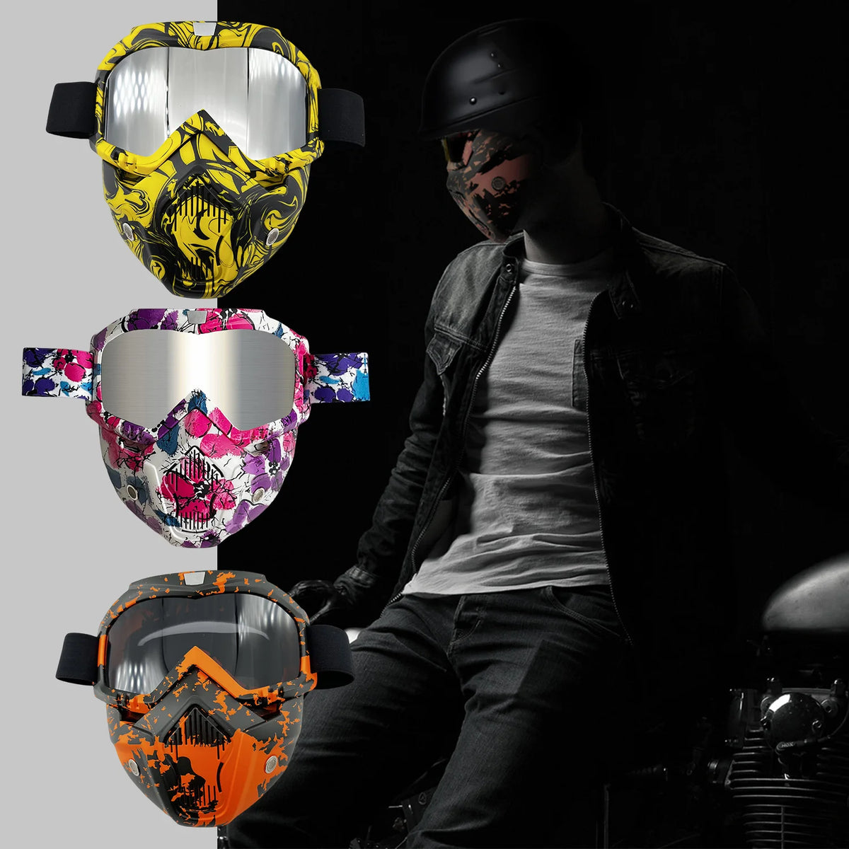 Ein Mann mit schwarzem Helm und Lederjacke steht neben drei Paar mehrfarbiger taktischer Motorradbrillen.