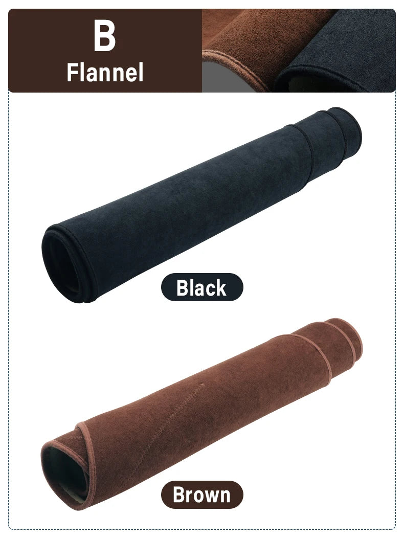 Rolls of black and brown flannel fabric used for custom fit dashboard sun shields.