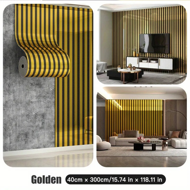 Golden vertical striped wall panels in black and gold for interior design