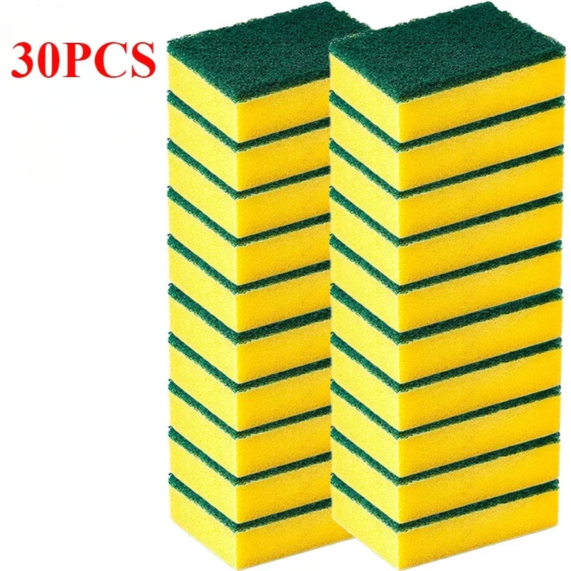 A stack of thirty reusable double-sided cleaning sponges, stacked in a grid pattern.
