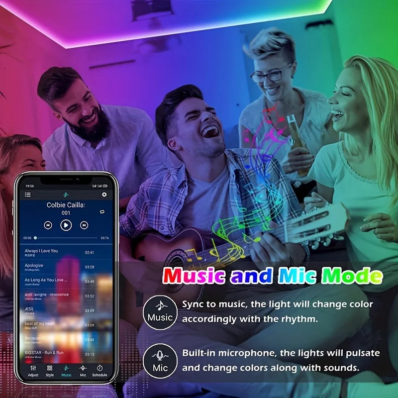 A woman plays guitar while a man sings, demonstrating music and mic mode with RGB LED strip lights.