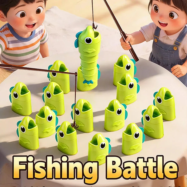 A set of bright green fishing game toys with blue accents are shown on a white table, being held by two young children.