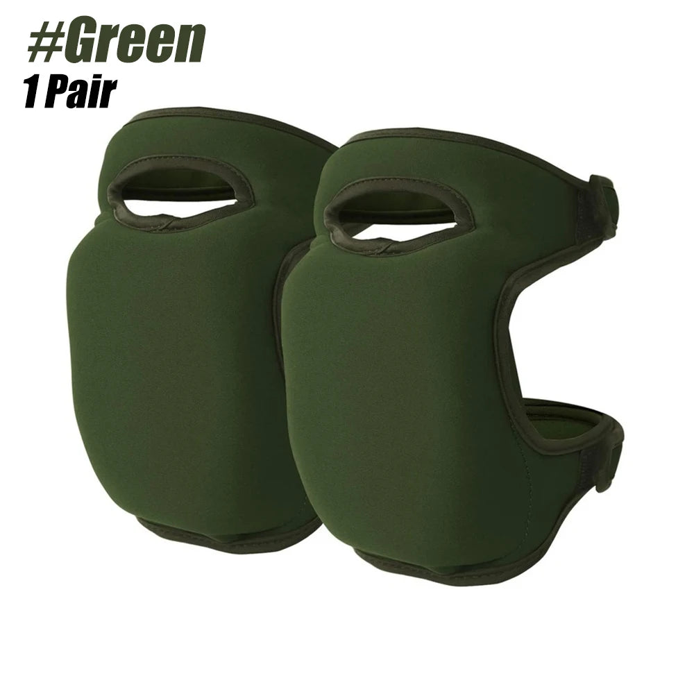 A pair of dark olive green soft foam kneepads for protection during gardening, work, or sports.