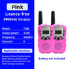 Two pink licence-free PMR446 version walkie talkies with flashlights shown against a blue background.