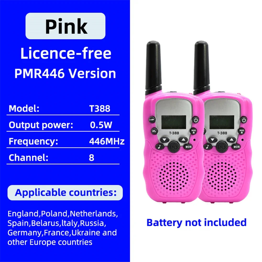 Two pink licence-free PMR446 version walkie talkies with flashlights shown against a blue background.