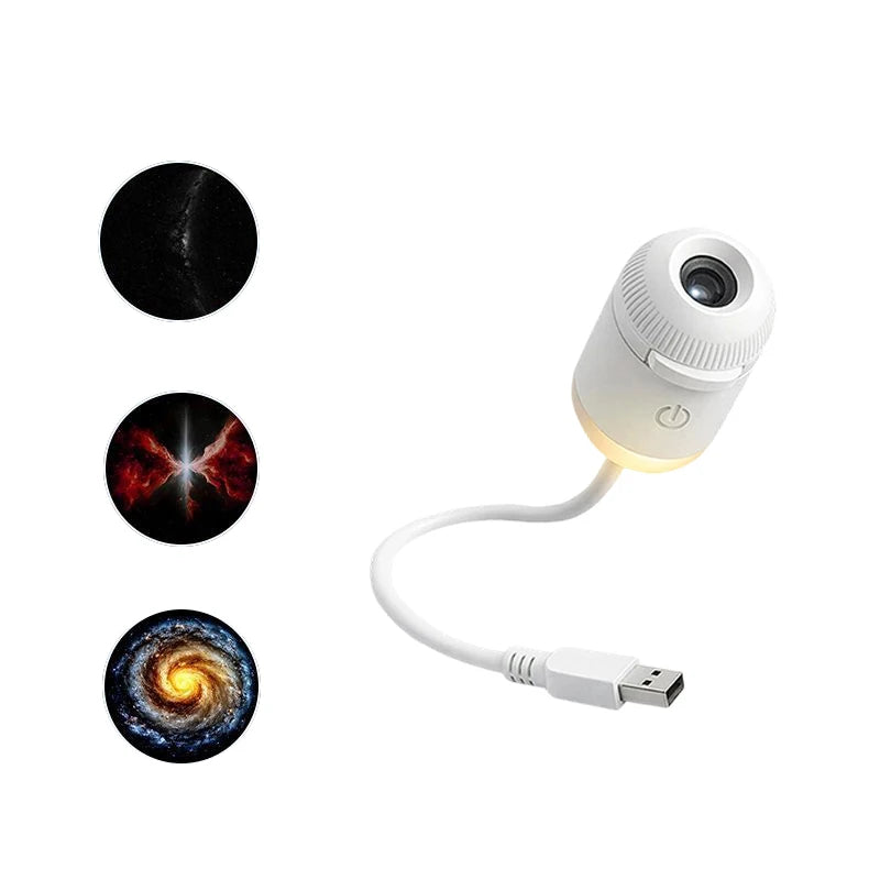 A white mini galaxy star projector night light with a flexible cord and lens is shown alongside three images of galaxies.