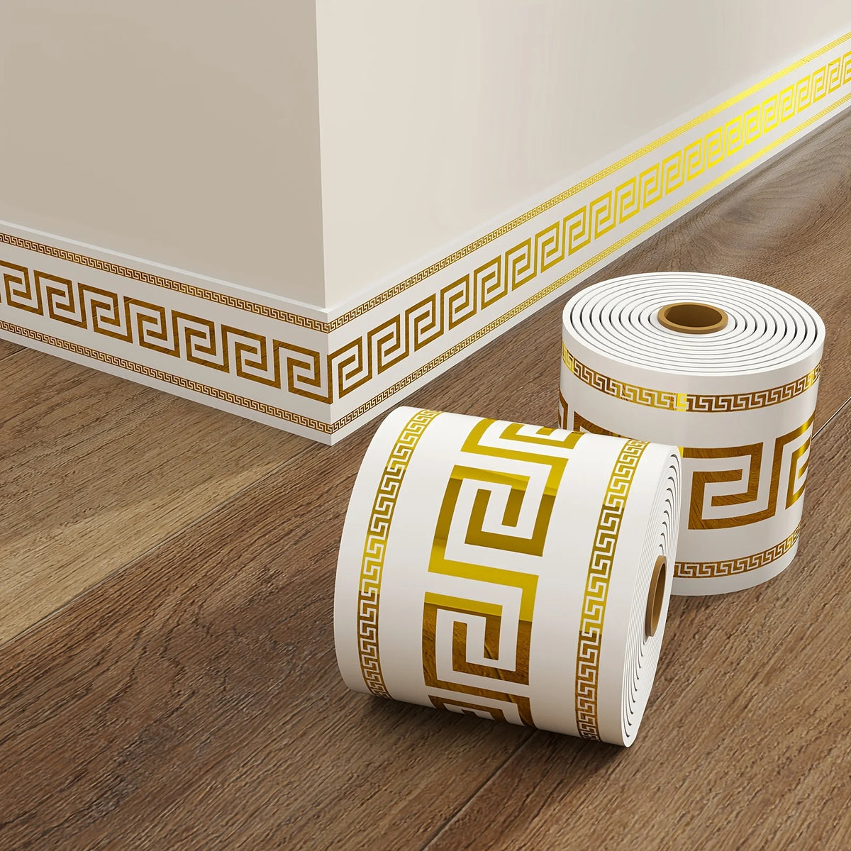 Roll of gold and white self-adhesive PVC trim for baseboards and door frames