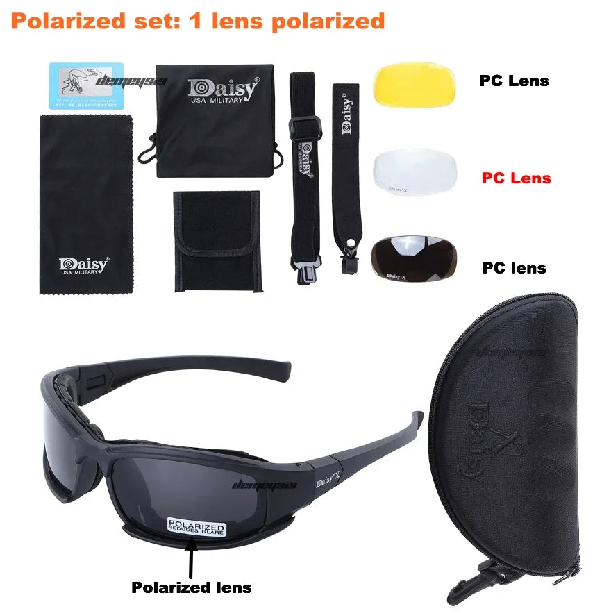 Un set de gafas de sol polarizadas con una lente polarizada y cuatro lentes intercambiables mostrados junto al producto.