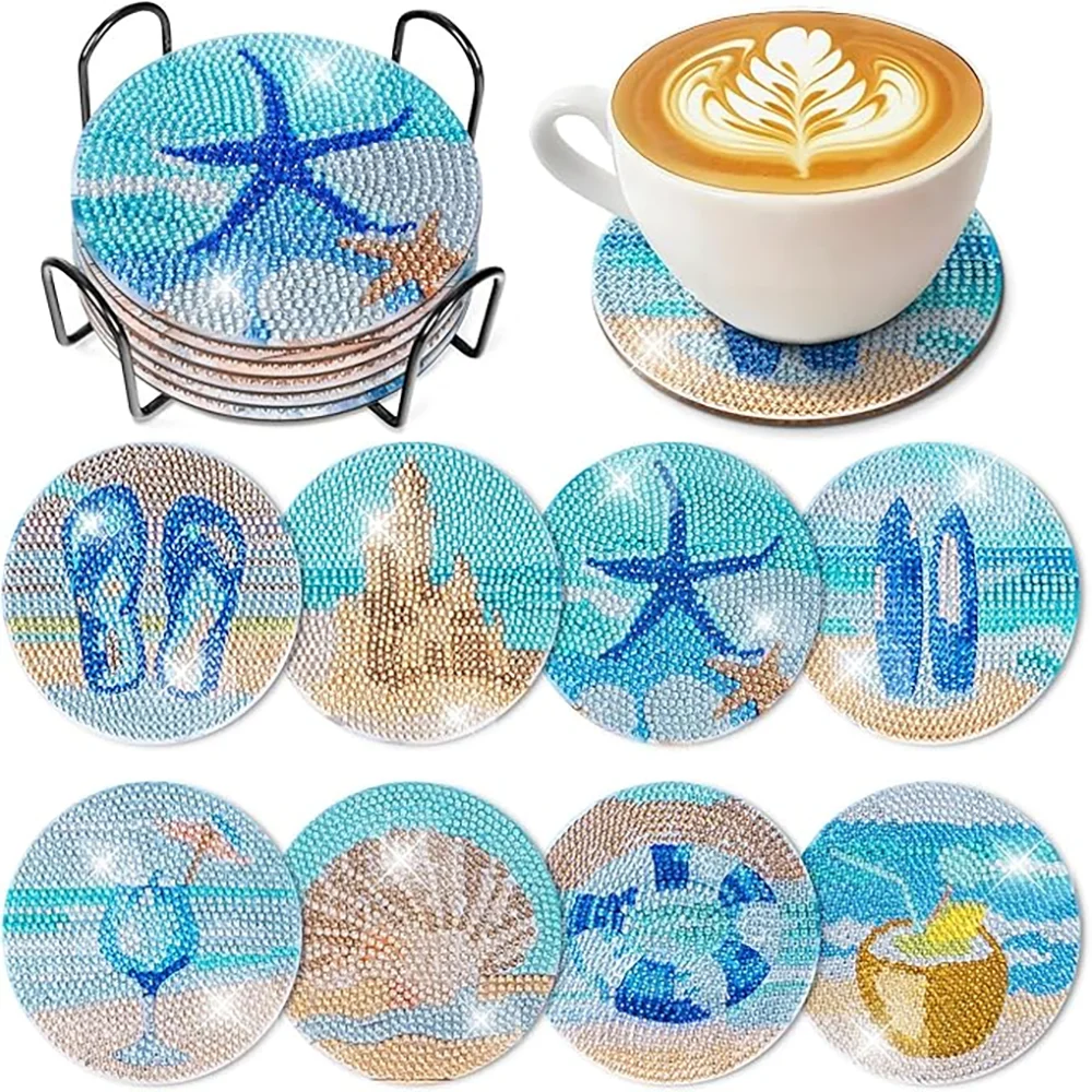 DIY Diamond Art Coaster Set with Holder – 8 Acrylic Coasters for Home Decor and Gifting