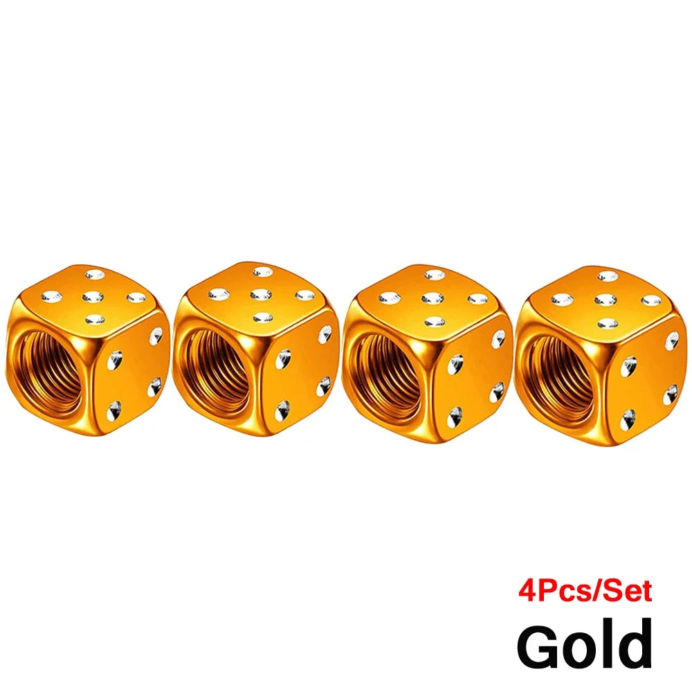 Set of four gold aluminum alloy dice design tire valve caps