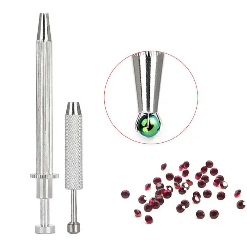 A silver precision 4-claw pick-up tool for jewelry making and crafting shown with its components.